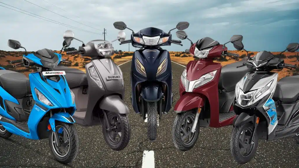 Honda Activa, Honda Activa 125, Suzuki Access, Honda Dio, Hero Maestro standing side by side for a blog on Best tyre for Activa, Access, Dio, Maestro and other scooters in India.